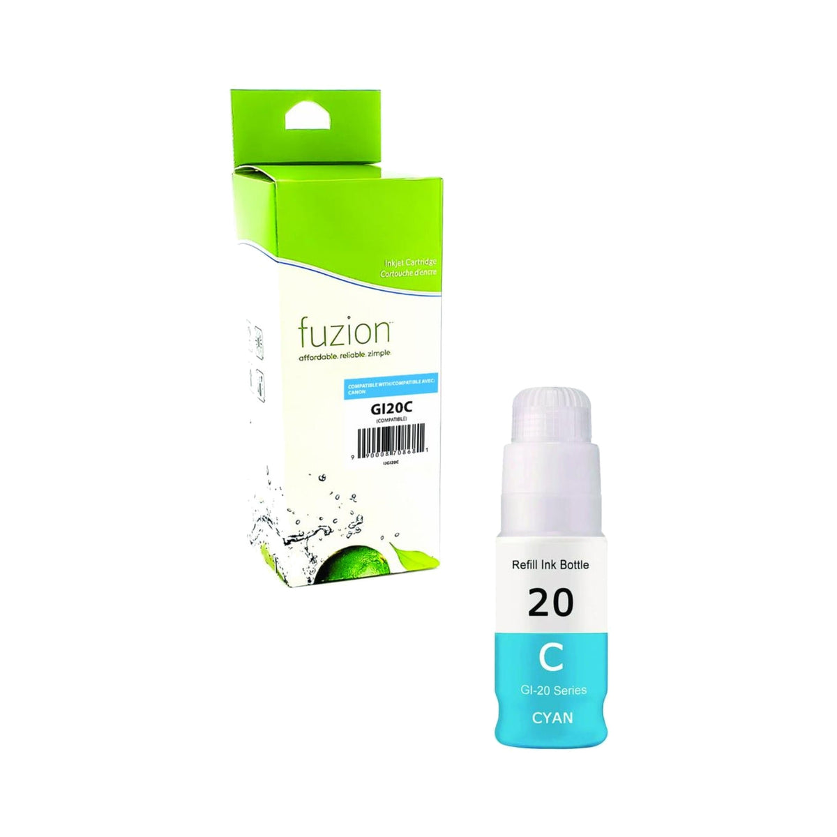 Encre fuzion GI-20C cyan avec sa boîte, compatible Canon PIXMA G5020, G6020 et G7020