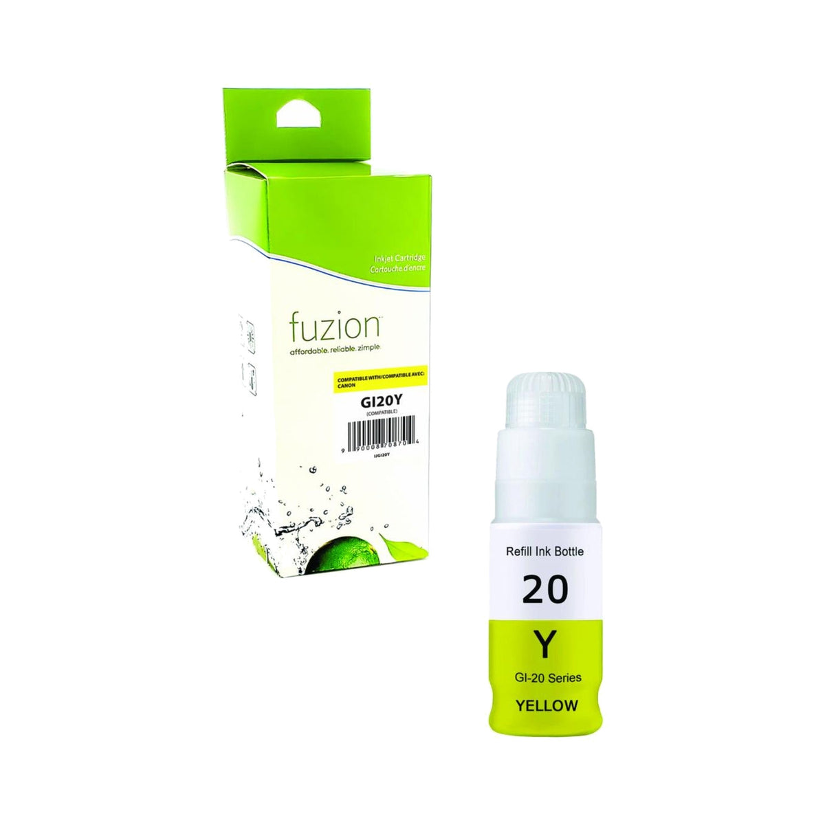 Encre fuzion GI-20Y jaune avec sa boîte, compatible Canon PIXMA G5020, G6020 et G7020