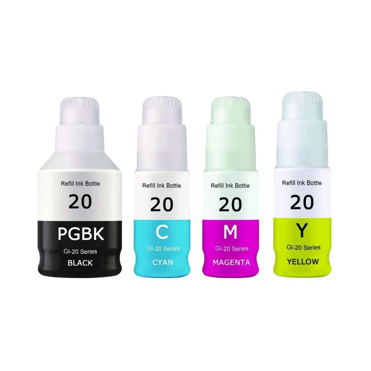 Pack de 4 encres fuzion GI-20 noir, cyan, magenta et jaune, compatibles Canon PIXMA G5020, G6020 et G7020
