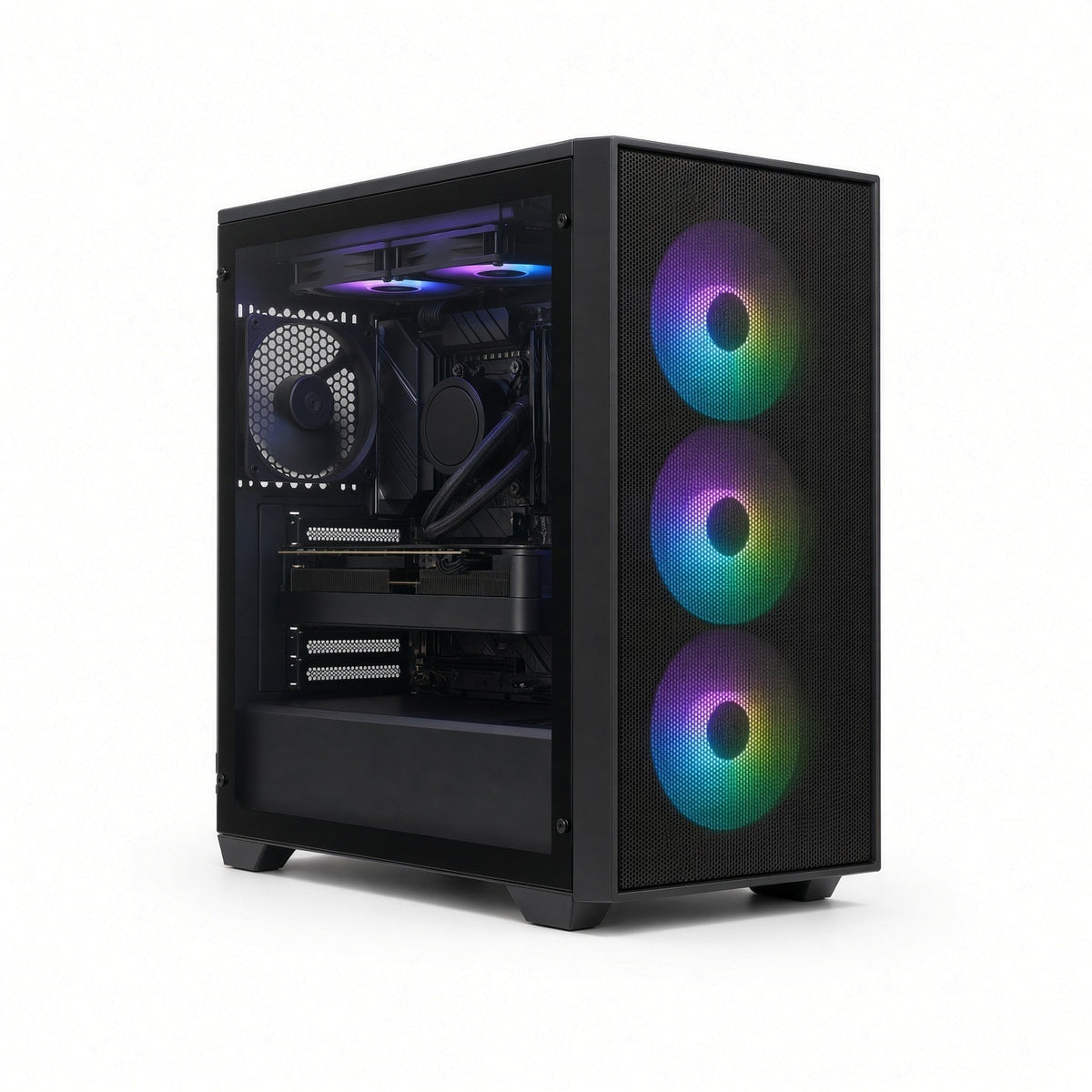 Tour gamer mid-tower noire sur fond blanc, kit milieu.